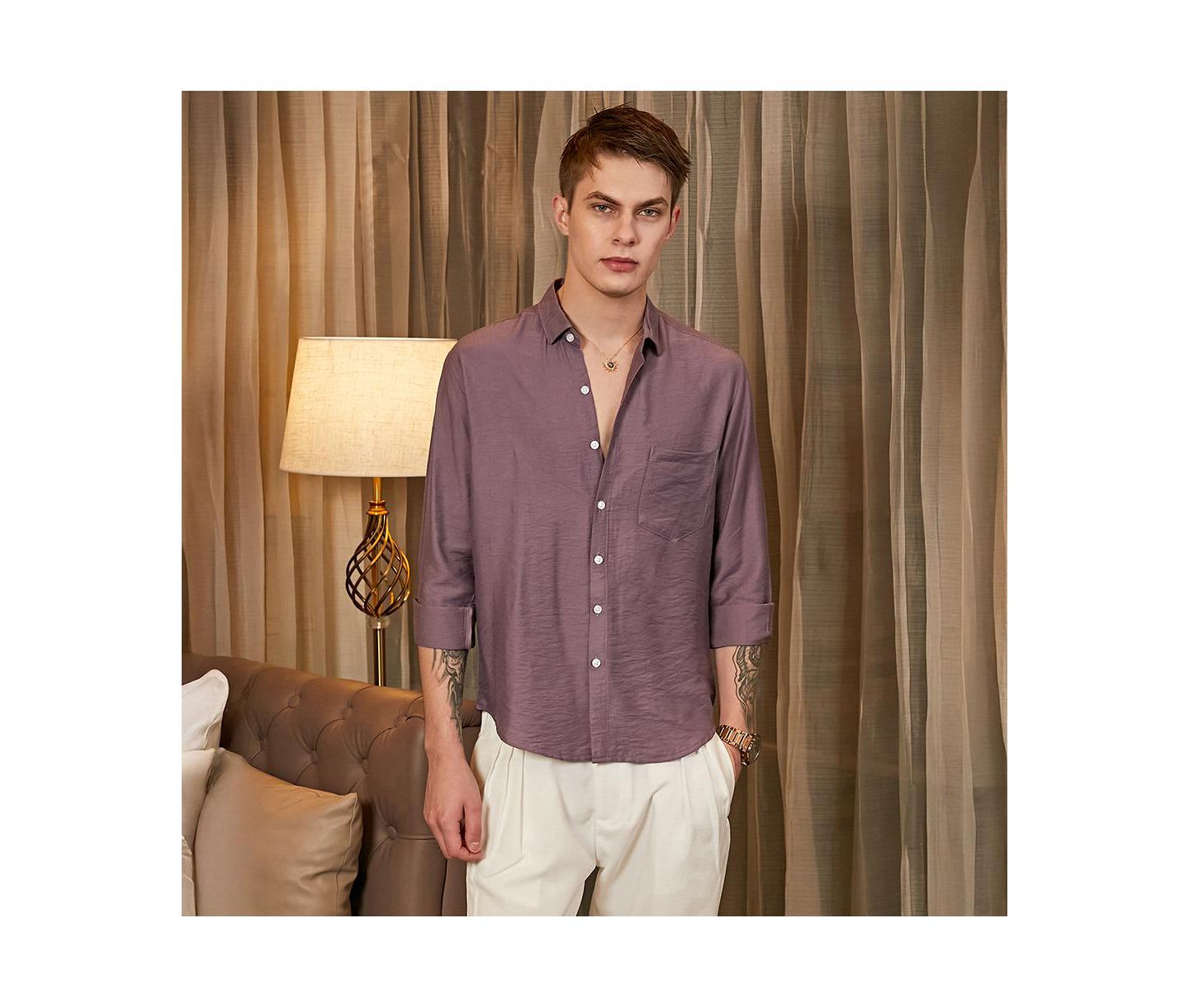 Мужская рубашка Cahoot Campus Sutra Grape Purple Breezy Wrinked Relaxed, цвет: Фиолетовый — фото 5