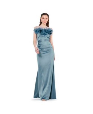 Women's Organza Floral Detail Pleated Satin Gown