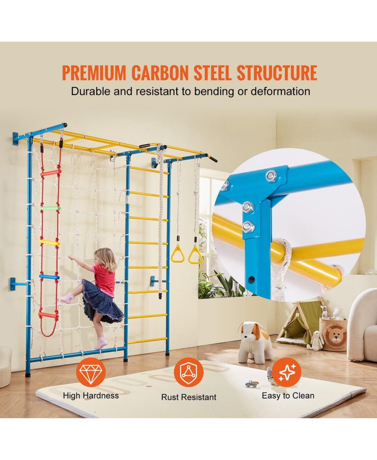 Slickblue Toddler 7 in 1 Steel Indoor Wall Gym with Climbing Toys Ladder Slide and Swing