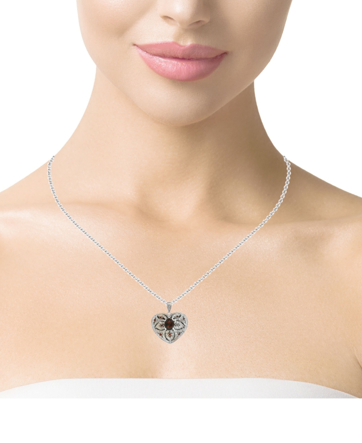 Macy's Garnet (2-3/4 Ct. T.w.) & Diamond (1/10 Ct. T.w.) Heart 18" Pendant Necklace In Sterling Silver In Burgundy
