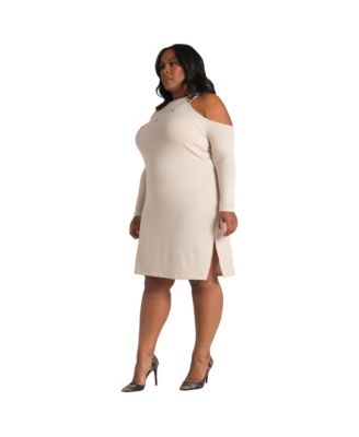 Plus Size Grommet Trimed Asymmetric Cold Shoulder Knee-Length Dress