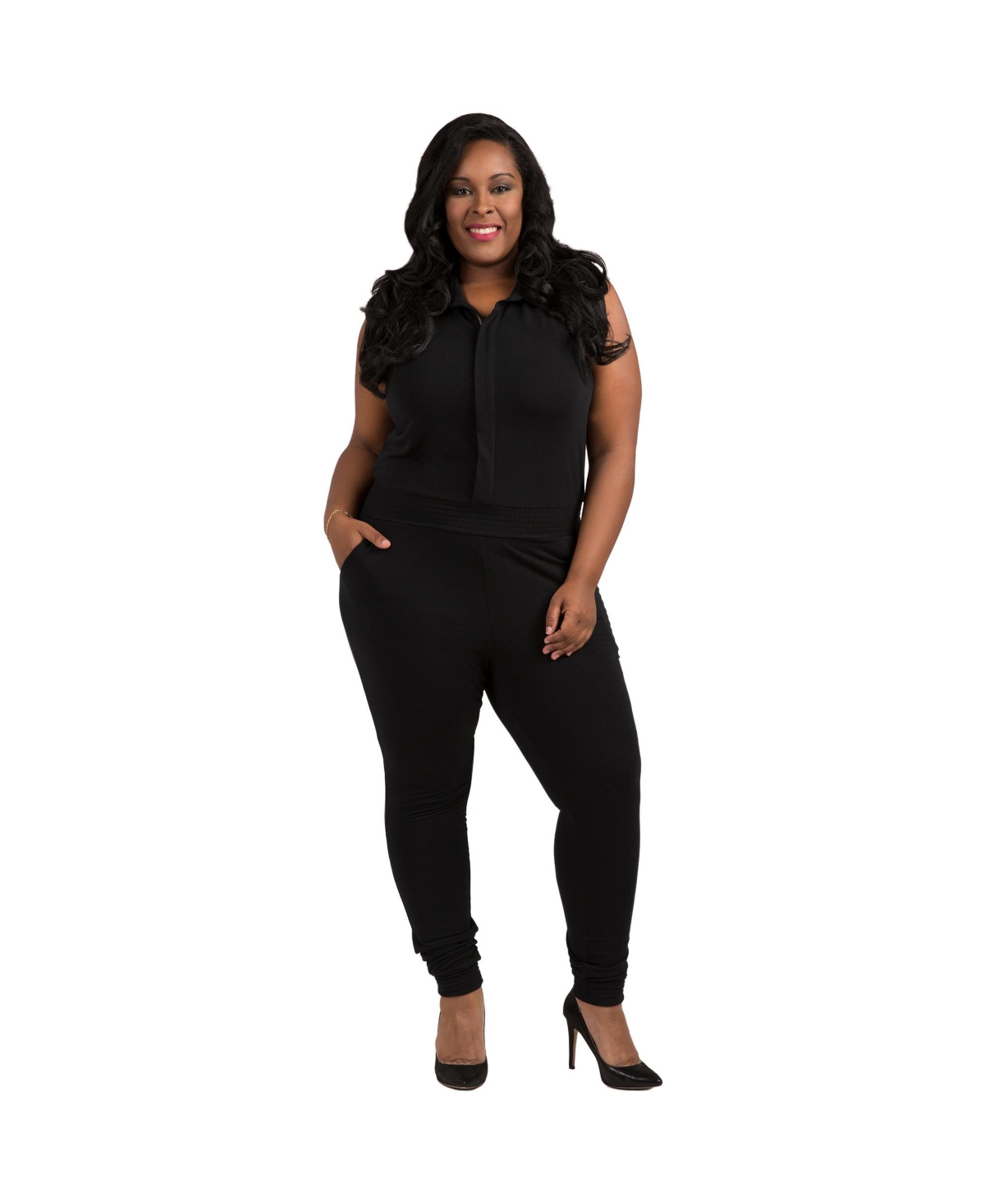 Plus Size Sleeveless Collared Jumpsuit - Black