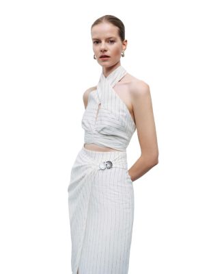 Women's Striped Linen Blend Midi Skirt with Metal Accessories