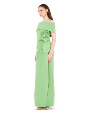 Bardot Neckline Floral Applique Pleated Gown