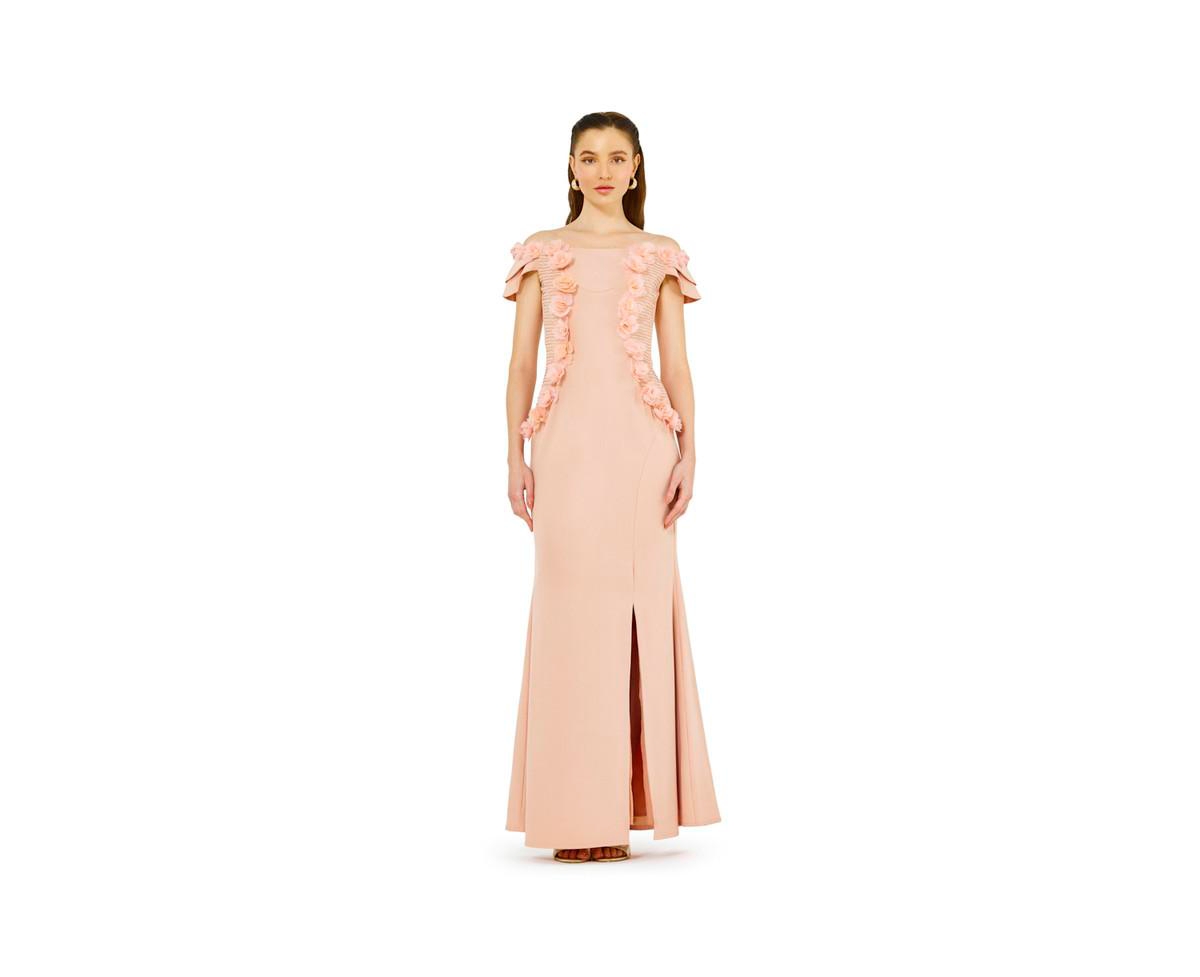 Women's Lace Cutout Floral Embellished Off-The-Shoulder Crepe Gown - Peach