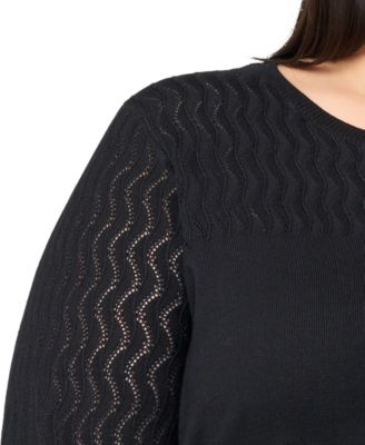 Plus Size Pointelle-Yoke 3/4-Sleeve Sweater