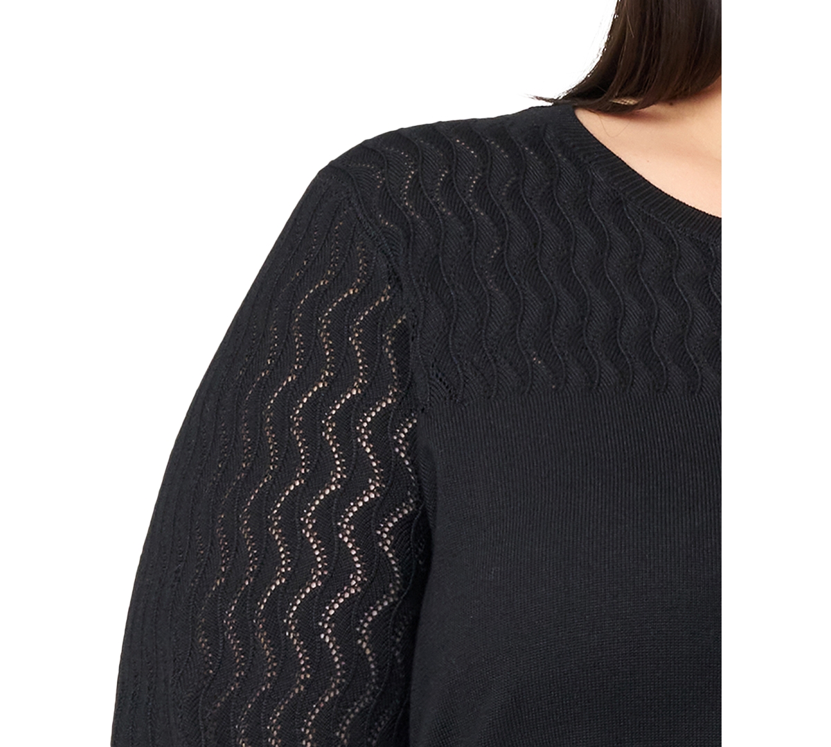 Melissa Paige Plus Size Pointelle-yoke 3/4-sleeve Sweater In Black