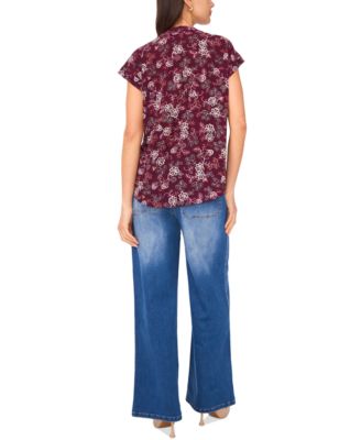 Vince Camuto Women's Floral-Print Split-Neck Short-Sleeve