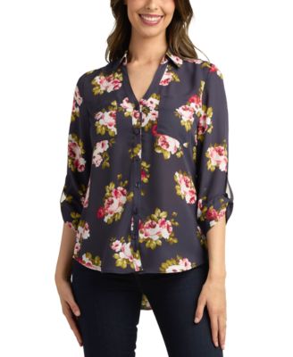 BCX - Juniors' 3/4-Sleeve Printed Button-Front Blouse
