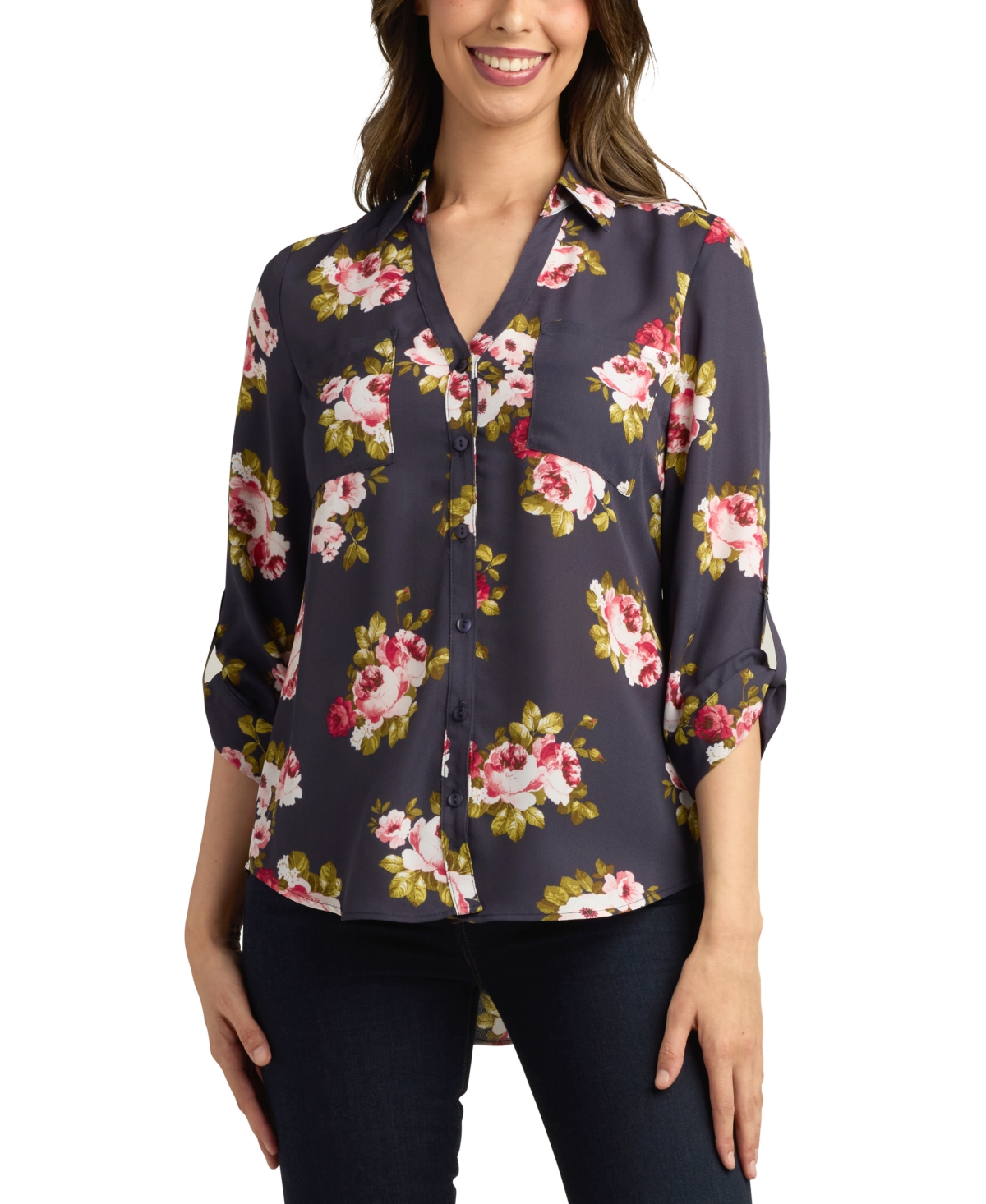 Juniors' 3/4-Sleeve Printed Button-Front Blouse - Pat S