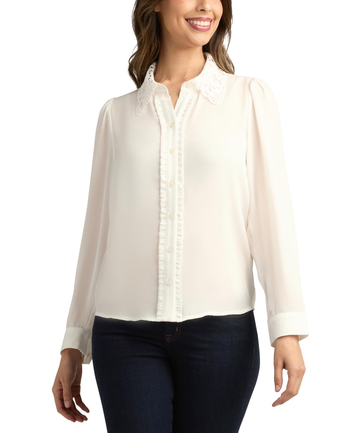 Juniors' Solid Lace-Collar Button-Front Blouse - Off White