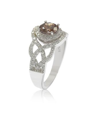 Suzy Levian Sterling Silver Cubic Zirconia Braided Halo Brown Bridal Center Stone Ring