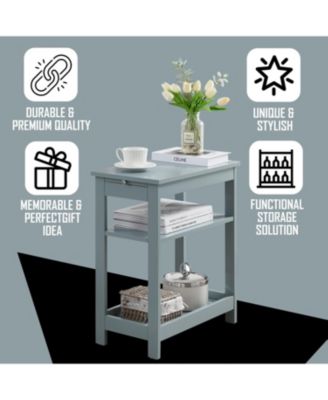 Slim Wood Side End Table with Storage Shelves & Pull-Out Tray, Nightstand for Bedroom, Living Room