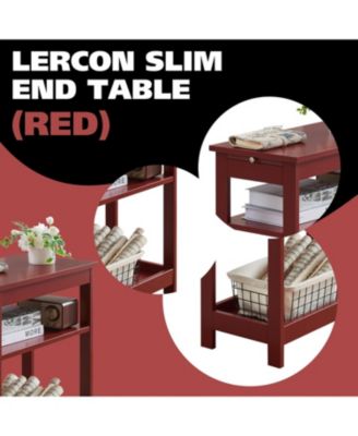 Slim Wood Side End Table with Storage Shelves & Pull-Out Tray, Nightstand for Bedroom, Living Room