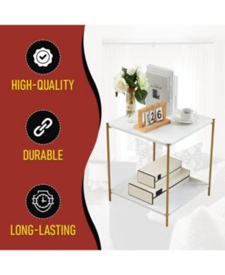 Side End Table with Faux Marble Storage Shelves & Gold Metal Frame, Nightstand for Bedroom, Living Room, or Modern Accent Table