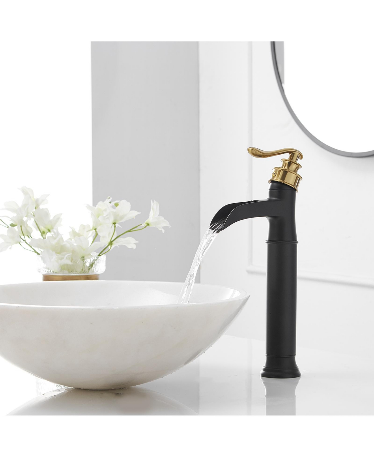 Waterfall Single Hole Handle Bathroom Vessel Sink Faucet With Pop Up Drain Matte Black