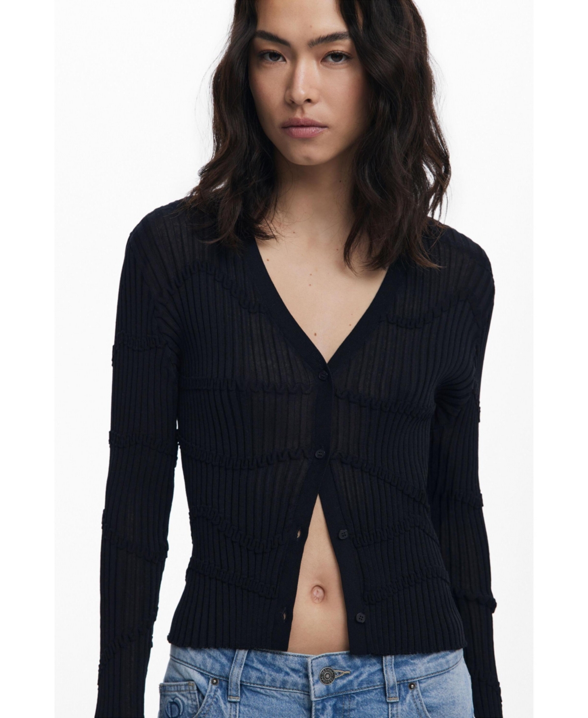 Desigual Thin Gauge V-neck Cardigan In Black