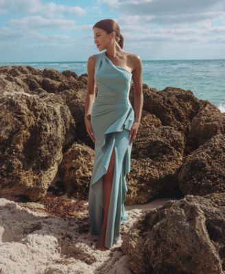 Petite Gathered-Waist One-Shoulder Evening Gown