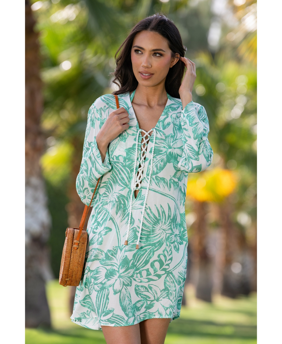La Blanca Women's Batiki Lace-front Tunic Cover-up Dress In Green