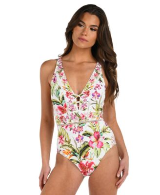 Women's Polynesian Tummy-Control Plunge Lace-Inset One-Piece Swimsuit