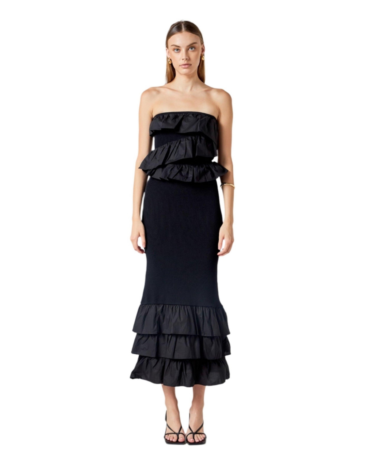 Women's Mixed Media Strapless Fitted Maxi Dress - Black