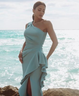 Petite Gathered-Waist One-Shoulder Evening Gown