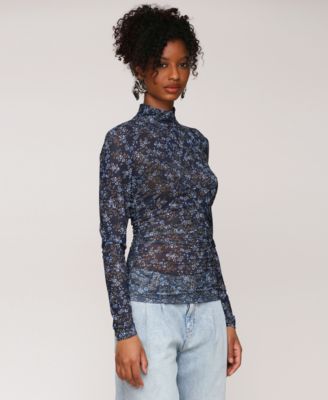 Women's Printed Mesh Mock Neck Ruched Top