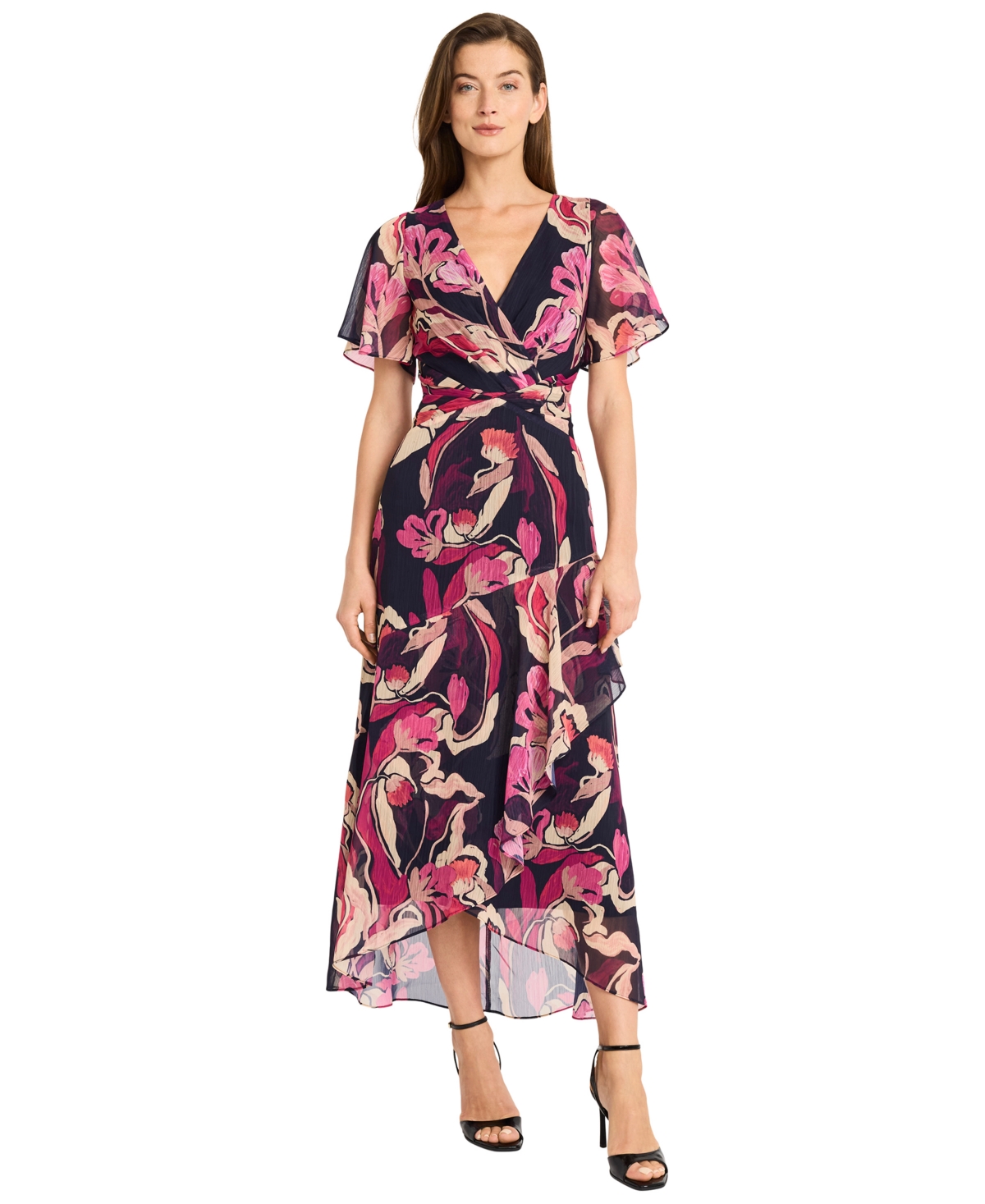 Women's Printed V-Neck Midi Fit & Flare Dress - Black/Appricot