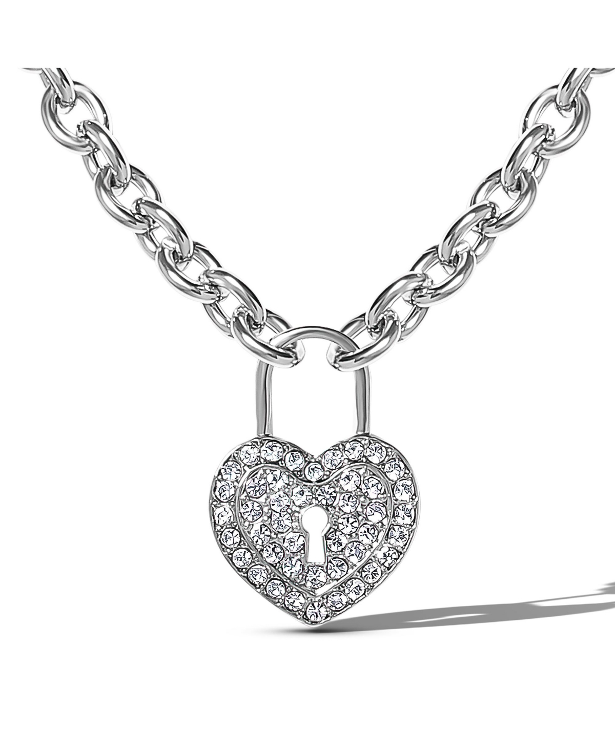 Silver-Tone Pave Crystal Heart Lock Necklace - Silver