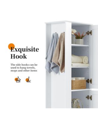 68"H Tall Bathroom Cabinet with Hook and Adjustable Shelf, Freestanding MDF