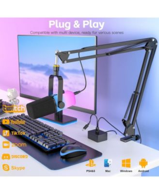 USB Gaming Microphone PC Mic w/ RGB for Streaming, Podcast, Vocal Recording, ASMR, Noise Cancellation, Mute Button, Gain Knob, Desktop Arm
