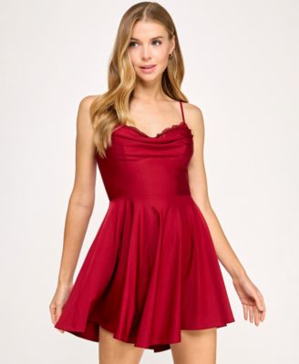 City Studios - Juniors' Satin Lace-Trim Fit & Flare Dress
