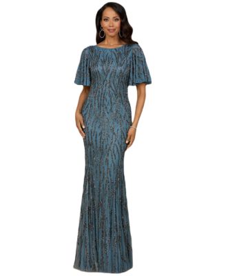 Beaded Gown with Flutter Sleeves