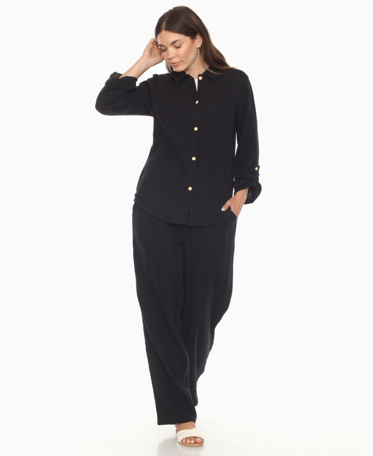 White Mark Women's Long Sleeve Button Down Cotton Gauze Set In Black