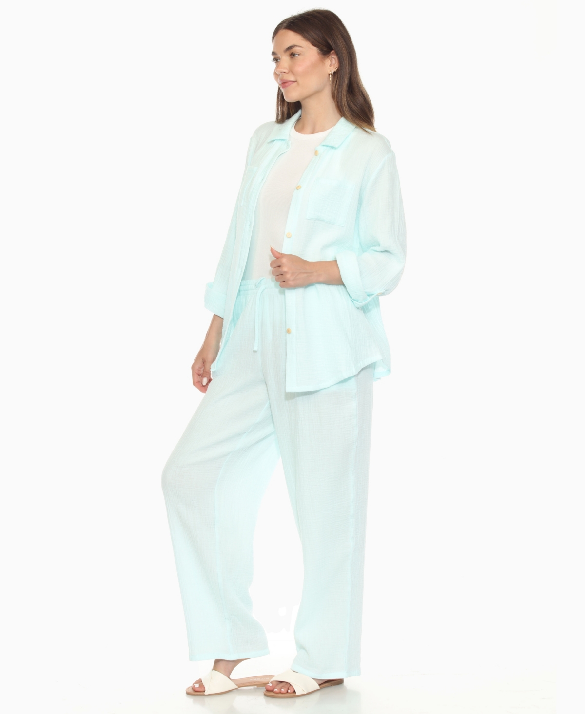 White Mark Women's Long Sleeve Button Down Cotton Gauze Set In Green