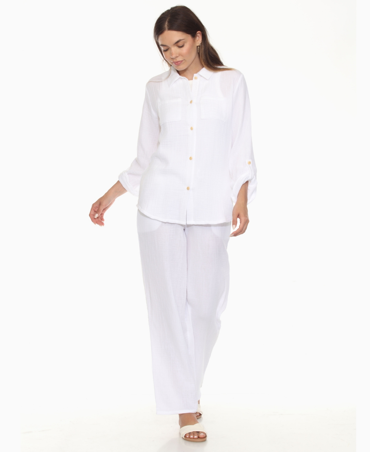 White Mark Women's Long Sleeve Button Down Cotton Gauze Set In White