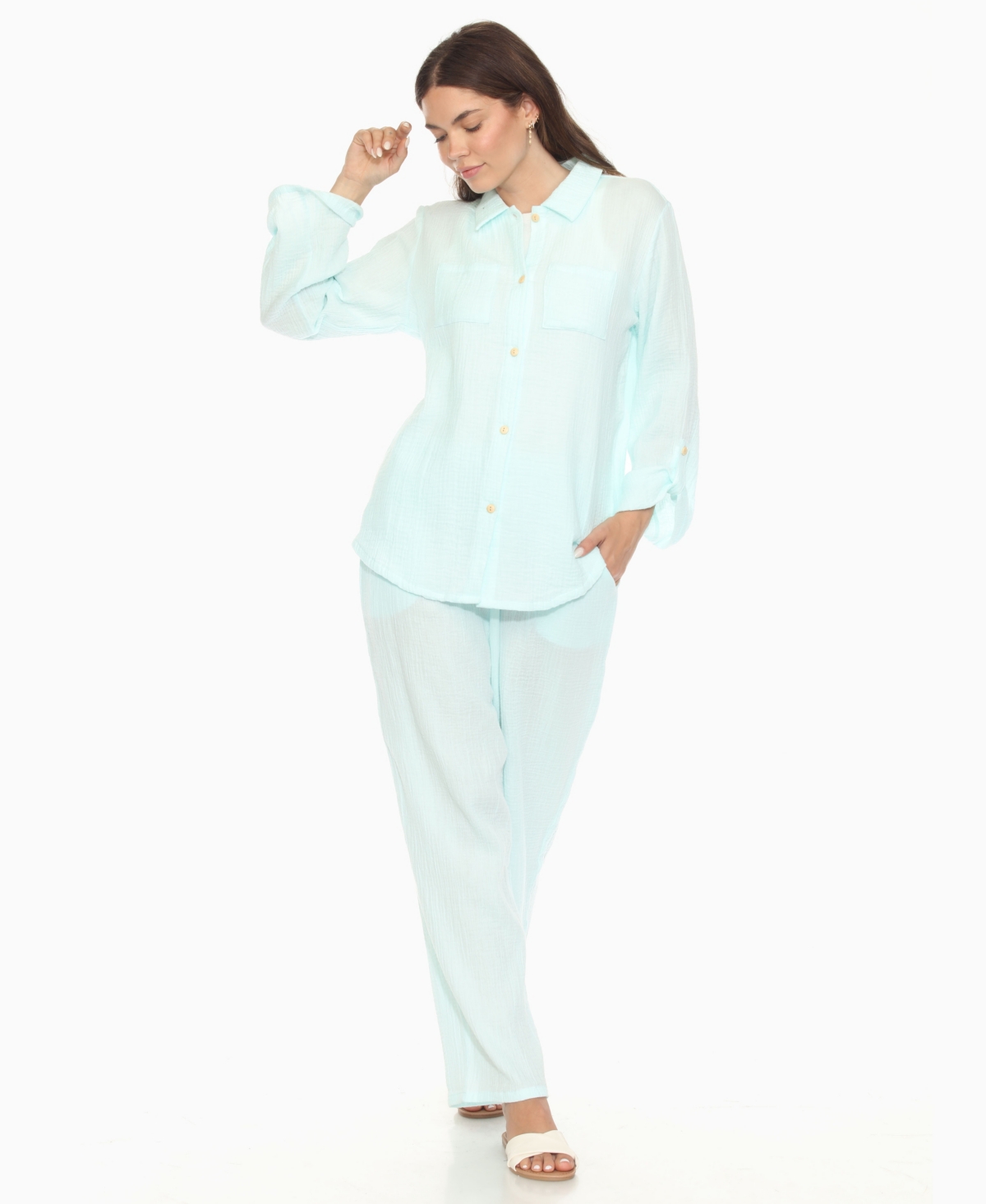 White Mark Women's Long Sleeve Button Down Cotton Gauze Set In Green