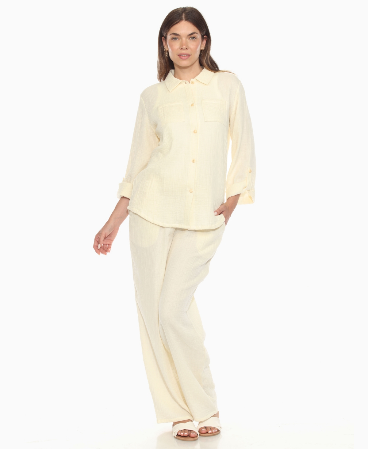 White Mark Women's Long Sleeve Button Down Cotton Gauze Set In White