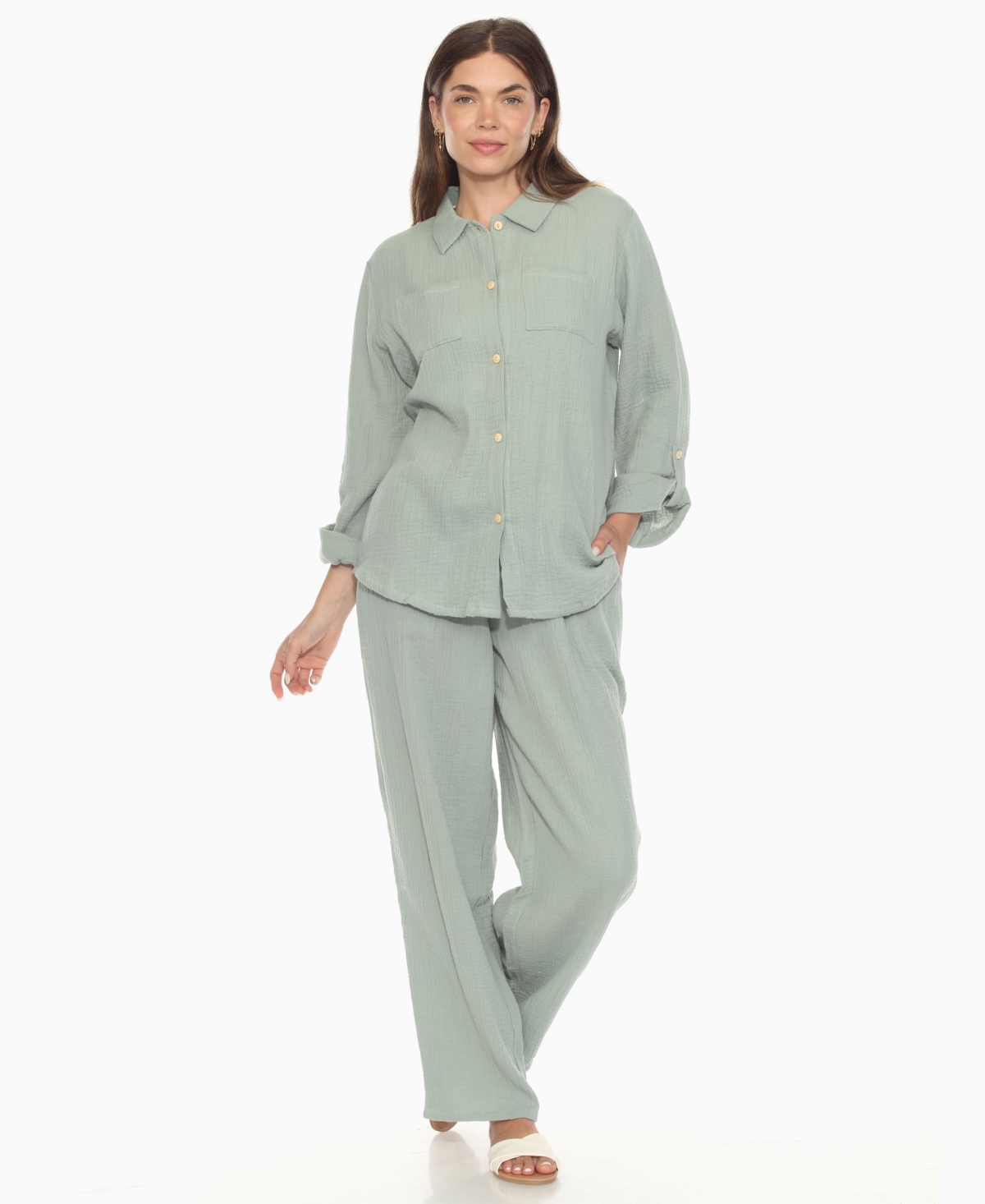 White Mark Women's Long Sleeve Button Down Cotton Gauze Set In Green