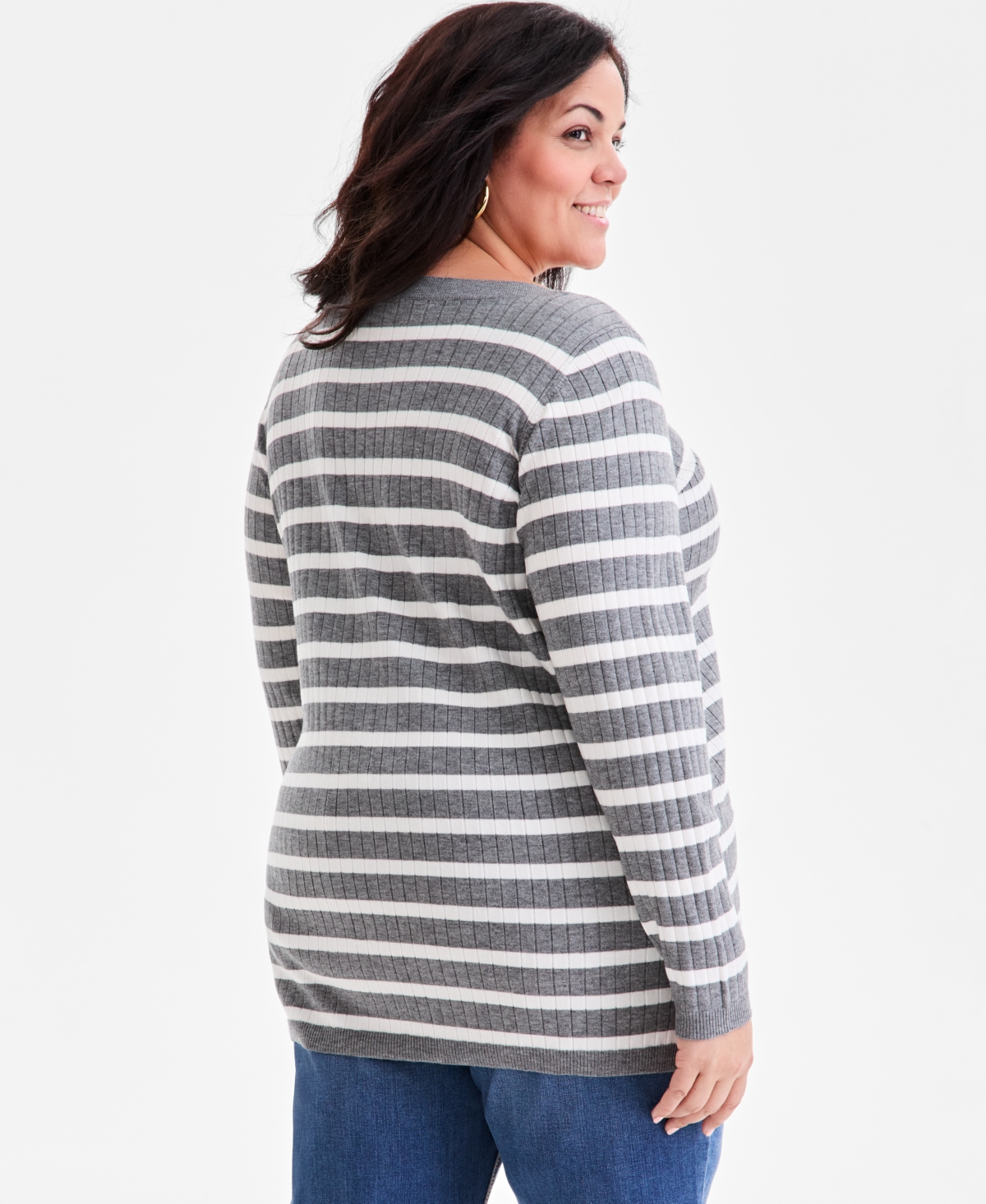 Style & Co Plus Size Legacy Strip Long-sleeve Sweater, Macy's Exclusive In Black
