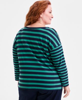 Plus Size Button-Trim Striped Knit Top, Macy's Exclusive