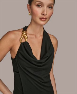 Women's Jersey Asymmetrical Cowl-neck Hardware Midi Dress