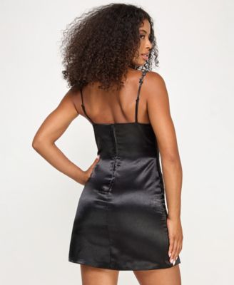 Juniors' Rhinestone-Trim Satin A-Line Dress