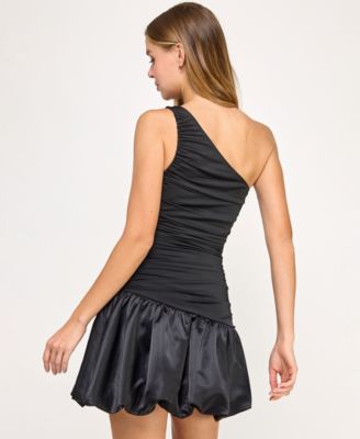 Juniors' One-Shoulder Drop Waist Satin Bubble Skirt