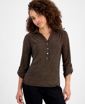 AK Anne Klein - Petite 3/4-Sleeve Roll-Tab Collared Top