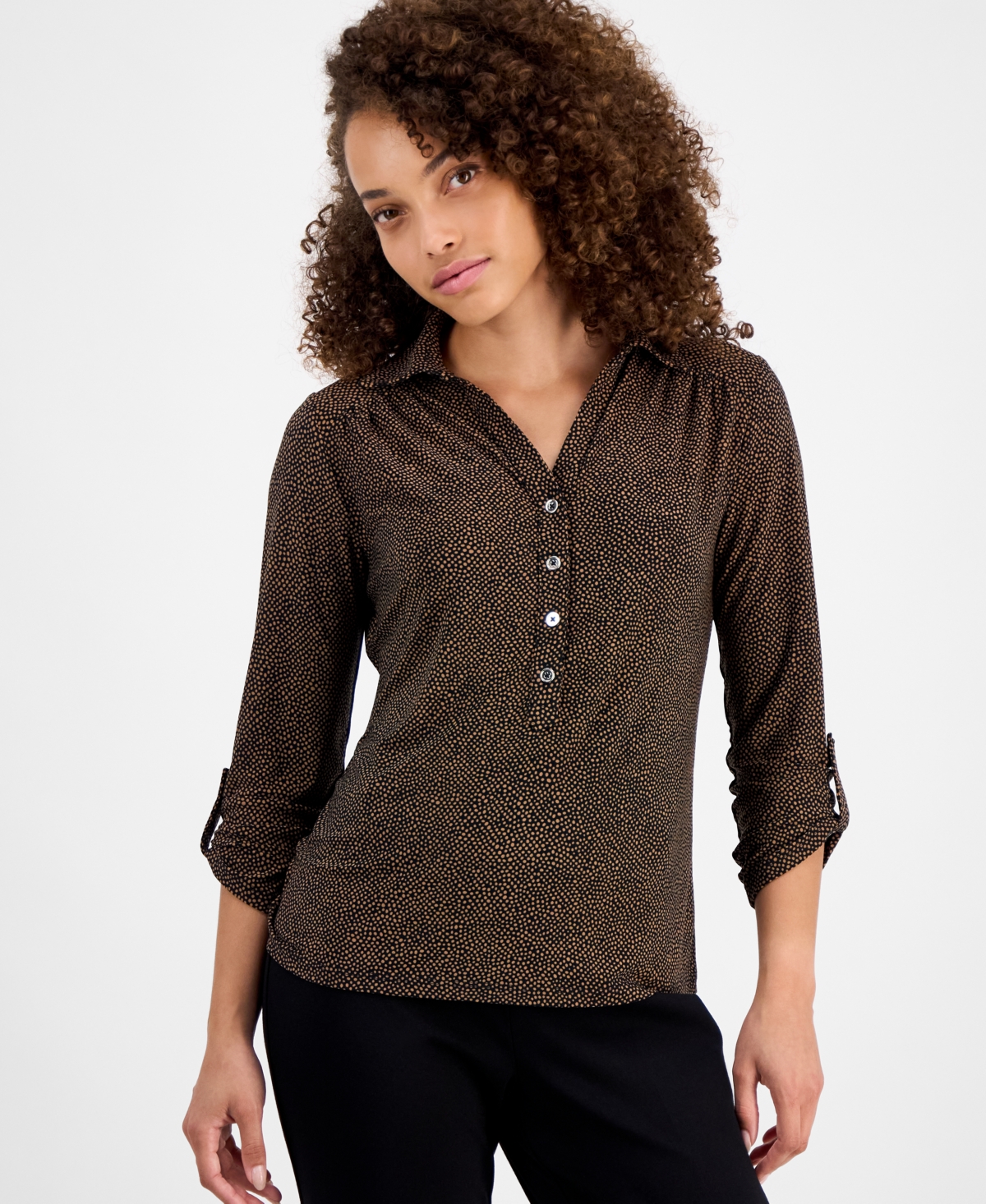 Ak Anne Klein Petite 3/4-sleeve Roll-tab Collared Top In Brown