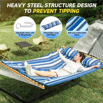 Double Hammock with Stand, 2 Person Cotton Rope Hammock with Removable Polyester Pad, 500LBS Capacity.