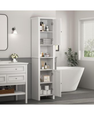 Bathroom Floor Storage Cabinet with 2 Doors, Multi-Shelf Wooden Cabinet for Living Room & Bathroom