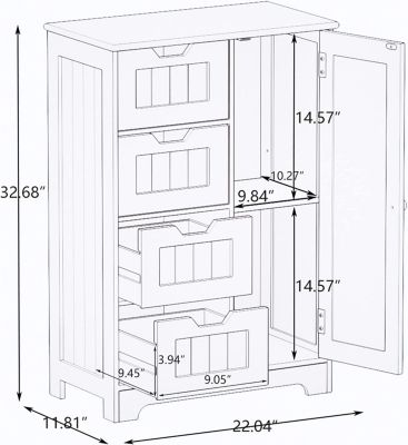White Floor Storage Cabinet with Adjustable Shelves, 4 Drawers & Door for Bathroom and Living Room Use
