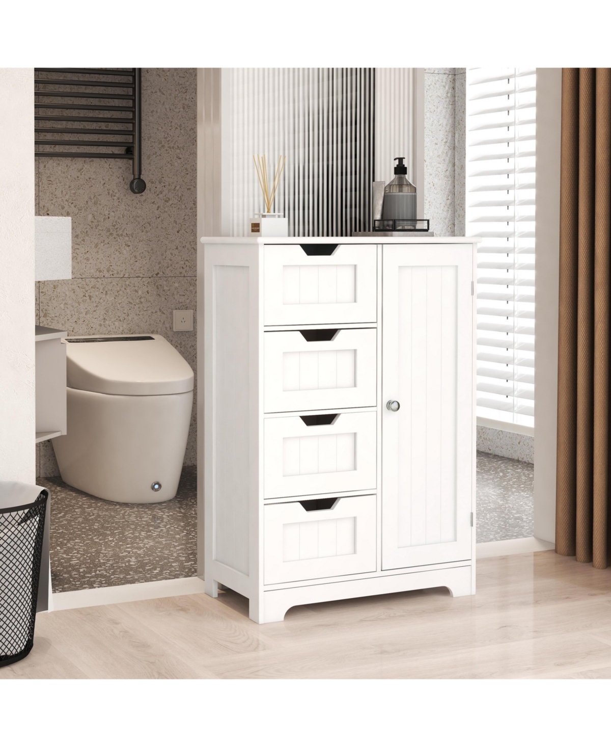 White Floor Storage Cabinet with Adjustable Shelves, 4 Drawers & Door for Bathroom and Living Room Use - White